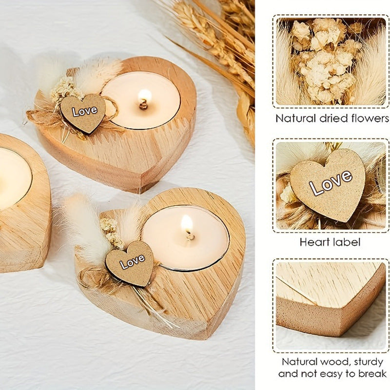 Wooden Love Candle Holders with Dried Flowers