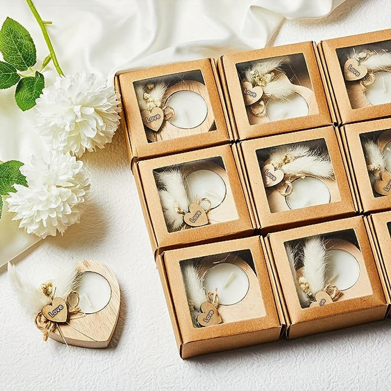 Wooden Love Candle Holders with Dried Flowers